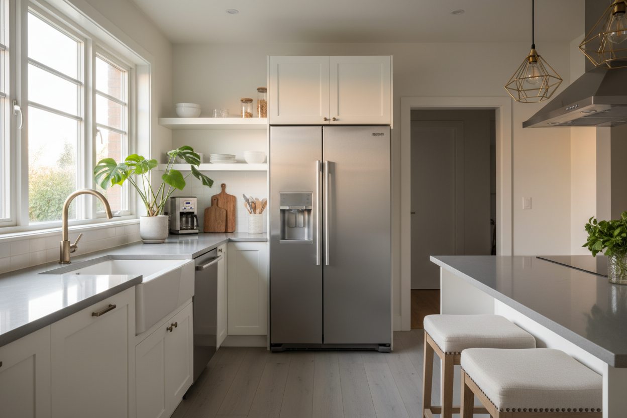 Genera una cocina con una puerta, que este amueblada, con frigorifico y que tenga ventana corrediza