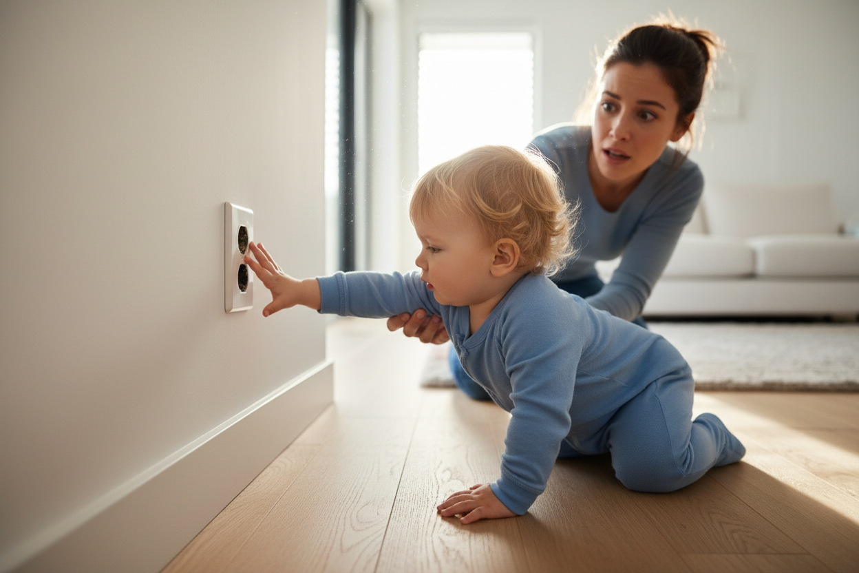 genera una imagen de un niño que va a tocar un enchufe en la pared ya que nosostros vendemos proteccion para enchufes y quiero que el padre lo compre